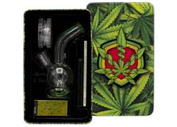 Σετ Γυάλινο Bong Amsterdam με Grinder, Τζιβάνες, Χαρτάκια, Αναπτήρα και Σίτες | Greenline 12cm