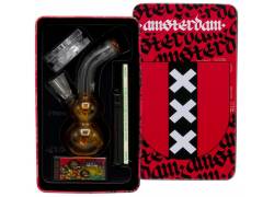 Σετ Γυάλινο Bong Amsterdam με Grinder, Τζιβάνες, Χαρτάκια, Αναπτήρα και Σίτες | XXX Mini 12cm 
