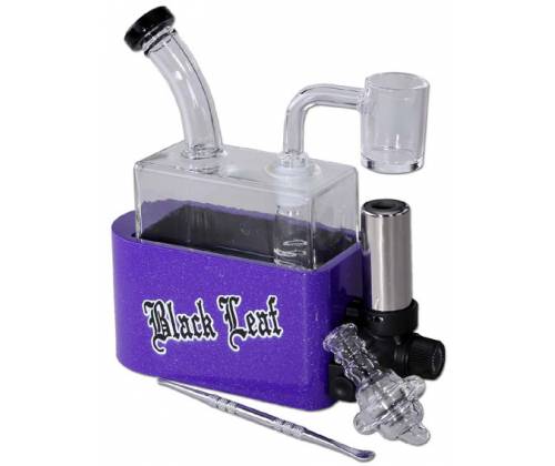 Γυάλινο OIL Bong  Black Leaf Travel Rig | Φορητό Bong Ταξιδίου Μωβ με Ενσωματωμένο Αντιανεμικό Αναπτήρα - Τιμή: 64,90€