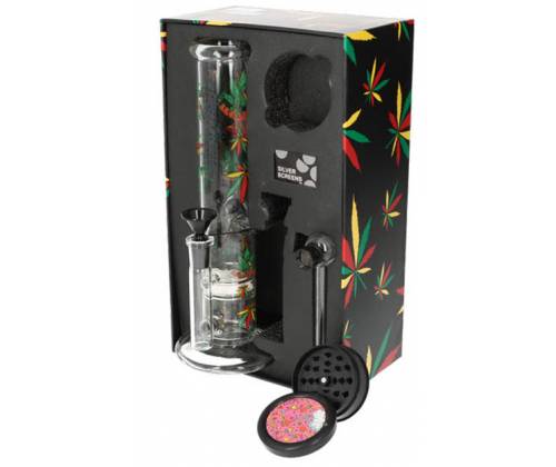 Bong Σετ «Rasta Leaf» με Bong 27cm, Grinder, Πιπάκι και Σίτες - Τιμή: 34,00€