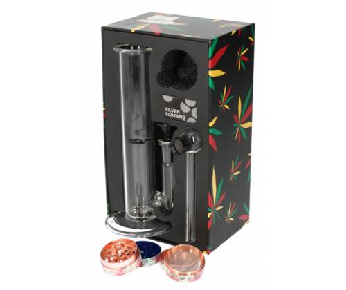 Bong Σετ «Rasta Leaf» με Bong 20cm, Grinder, Πιπάκι και Σίτες - Τιμή: 29,90€