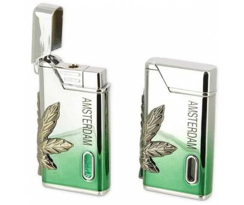 Windproof Metal Lighter - Amsterdam Green Leaf -  Price: 9,90€
