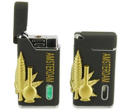 Windproof Metal Lighter - Black Amsterdam Leaf with Bong - Price: 9,50€