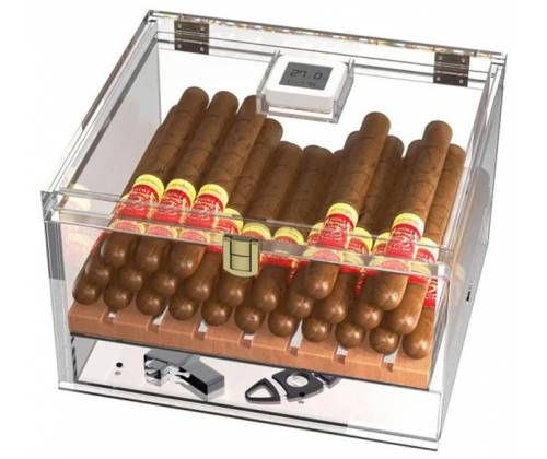 Διάφανη Βιτρίνα - Υγραντήρας Πούρων Ακρυλικό με Υγρασιόμετρο για 50 Πούρα - 24x24x14.5cm (1988) - Τιμή: 96,00€