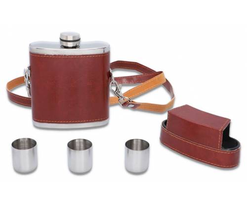 Flask Φλασκί Ποτού Δερματίνη Καφέ Κρεμαστό με 3 Σφηνοπότηρα - 240ml - Τιμή: 15,50€