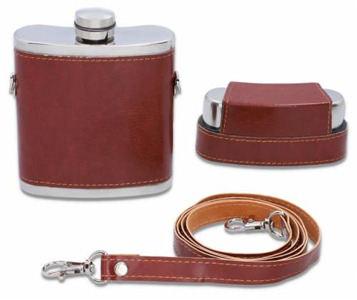 Flask Φλασκί Ποτού Δερματίνη Καφέ Κρεμαστό με 3 Σφηνοπότηρα - 240ml - Τιμή: 15,50€