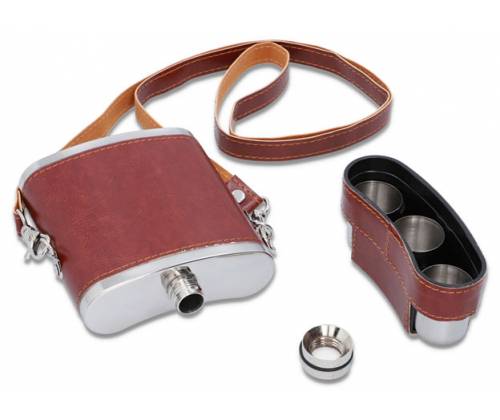 Flask Φλασκί Ποτού Δερματίνη Καφέ Κρεμαστό με 3 Σφηνοπότηρα - 240ml - Τιμή: 15,50€