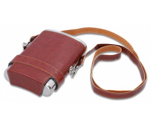 Flask Φλασκί Ποτού Δερματίνη Καφέ Κρεμαστό με 3 Σφηνοπότηρα - 240ml - Τιμή: 15,50€