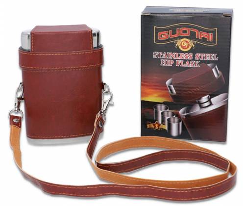 Flask Φλασκί Ποτού Δερματίνη Καφέ Κρεμαστό με 3 Σφηνοπότηρα - 240ml - Τιμή: 15,50€