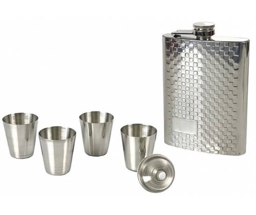 Hip Flask Set Φλασκί Ποτού με 4 Σφηνοπότηρα Chrome Nubs (F014) - 240ml - Τιμή: 16,50€