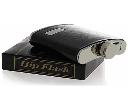Hip Flask Φλασκί Ποτού Leather Black Μαύρο (F008) - 210ml - Τιμή: 11,90€