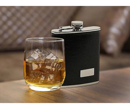 Hip Flask Φλασκί Ποτού Leather Black Μαύρο (F008) - 210ml - Τιμή: 11,90€