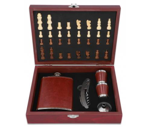 Hip Flask Set Φλασκί Ποτού - Σκάκι με Σφηνοπότηρα (F4506) - 240ml Καφέ - Τιμή: 35,50€