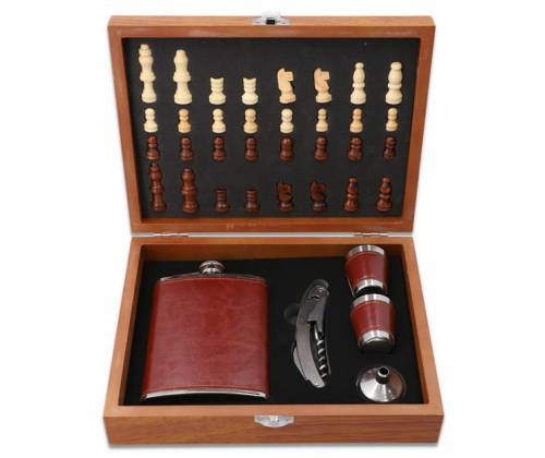 Hip Flask Set Φλασκί Ποτού - Σκάκι με Σφηνοπότηρα (F4506) - 240ml Καφέ - Τιμή: 35,50€