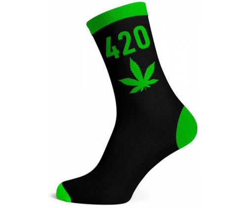Κάλτσες Μακριές Cannabis Leaf (40-45) - Μαύρο/420 Πράσινο Neon - Τιμή: 4,20€