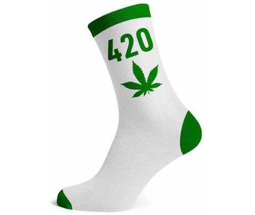 Κάλτσες Μακριές Cannabis Leaf (40-45) - Ασπρο/420 Πράσινο - Τιμή: 4,20€