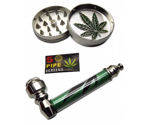 Σετ Μεταλλική Πίπα Σχέδιο Leaf 9cm & Grinder 2 parts - Τιμή: 7,90€