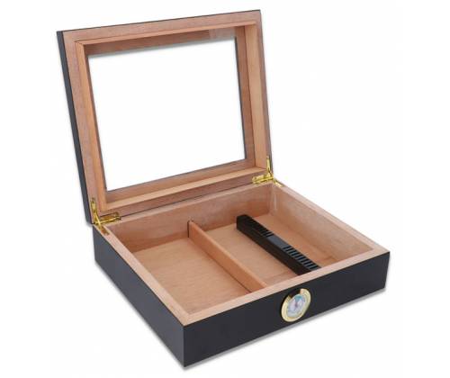 Ξύλινη Βιτρίνα - Υγραντήρας Πούρων με Υγρασιόμετρο για 25 πούρα Μαύρο - Ξύλο Κέδρου 26x22x7cm - Τιμή: 42,90€