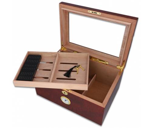 Sikarlan Ξύλινη Βιτρίνα - Υγραντήρας Πούρων με Υγρασιόμετρο για 80 πούρα Καφέ - Ξύλο Κέδρου 24x34x16cm - Τιμή: 129,00€