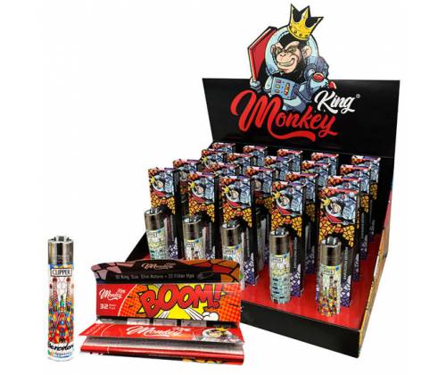 Monkey King Χαρτάκια Ακατέργαστο - Classic King Size Slim με Τζιβάνα & Αναπτήρας Clipper Barcelona - Τιμή: 3,90€