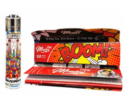 Monkey King Χαρτάκια Ακατέργαστο - Classic King Size Slim με Τζιβάνα & Αναπτήρας Clipper Barcelona - Τιμή: 3,90€