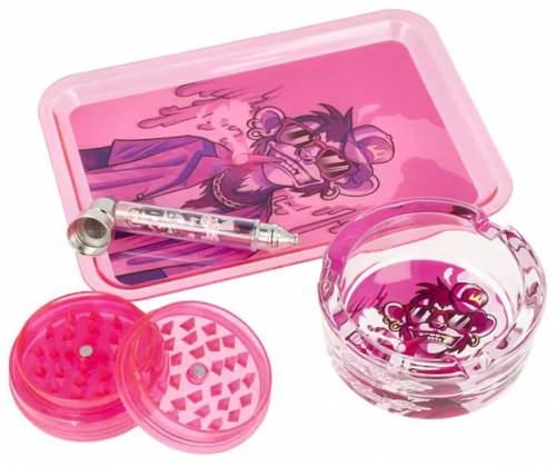 Monkey King Try Kit Set Pink with Tray, Grinder, Pipe and Ashtray -  Price: 19,50€