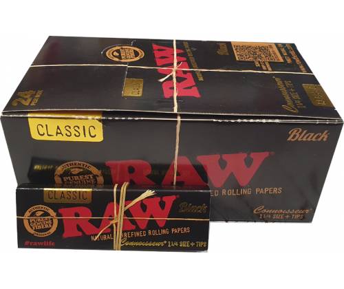 RAW Χαρτάκια Black Connoisseur - Ακατέργαστο - 1¼ & Tips - Τιμή: 1,05€