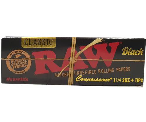 RAW Χαρτάκια Black Connoisseur - Ακατέργαστο - 1¼ & Tips - Τιμή: 1,05€